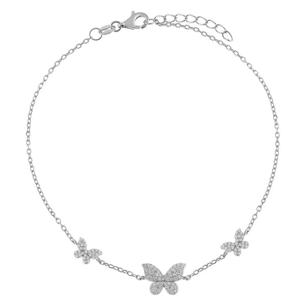 FA0010 925 Sterling Silver Pave Triple Butterfly Anklet
