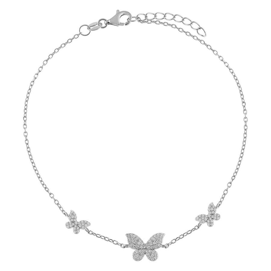 FA0010 925 Sterling Silver Pave Triple Butterfly Anklet