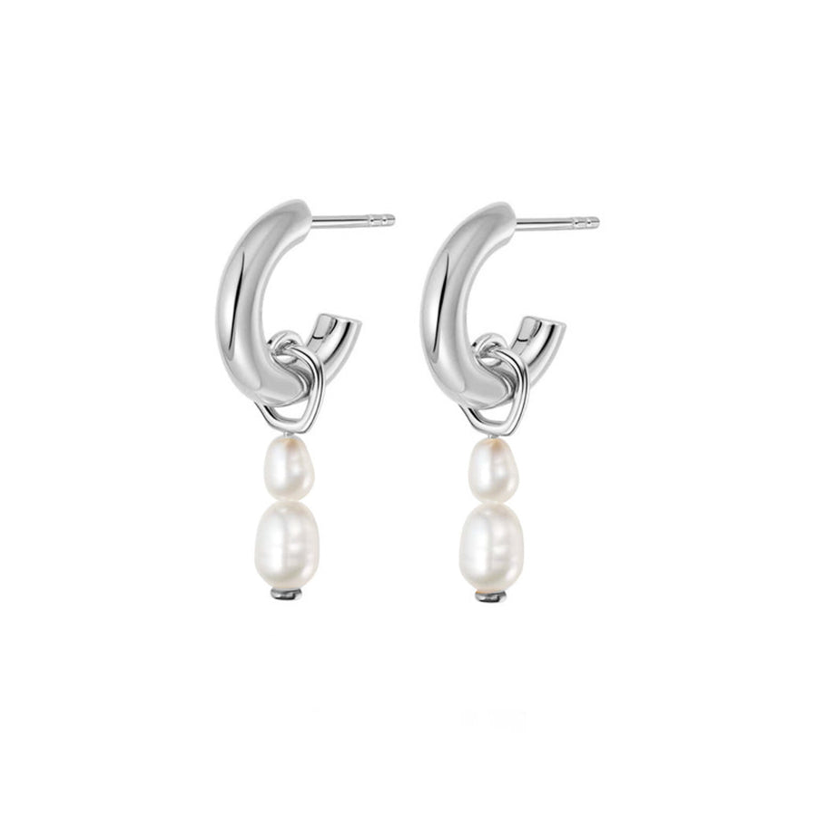PE0013 925 Sterling Silver Dainty Freshwater Pearl Women Drop Hoop Earrings
