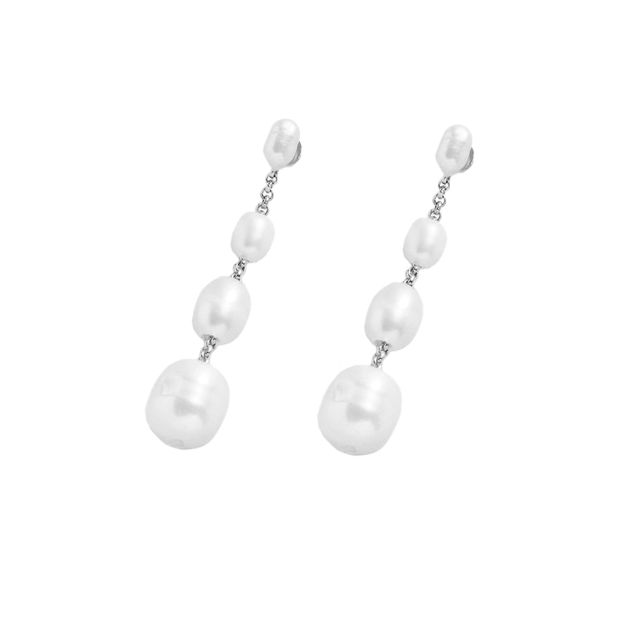 PE0036 925 Sterling Silver Quartet White Freshwater Pearl Vertical Bar Stud Earrings