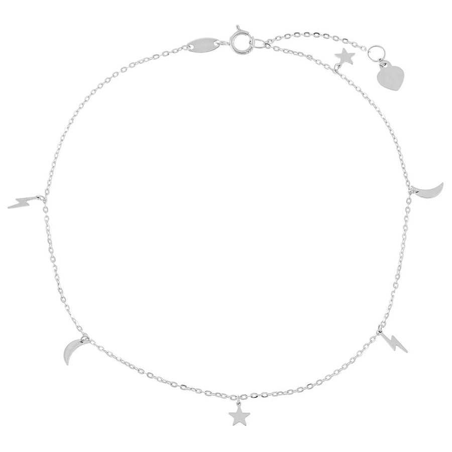 FA0008 925 Sterling Silver Celestial Moon Star Anklet