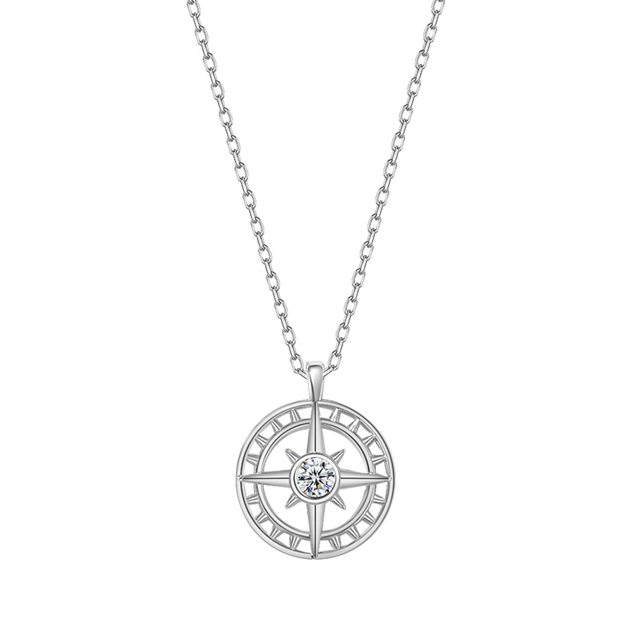 FX0849 925 Sterling Silver North Star Medallion CZ Round Necklace