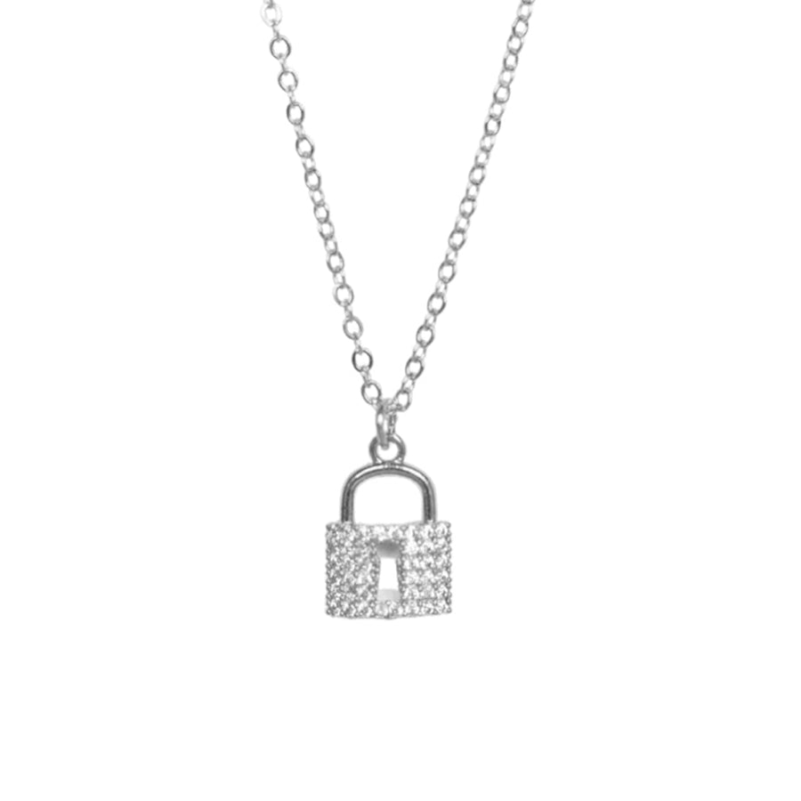 FX0661 925 Sterling Silver Cubic Zirconia Lock Pendant Necklace