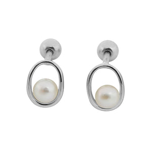 PE0080 925 Sterling Silver Elegant Freshwater Pearl Oval Barbell Stud Earring
