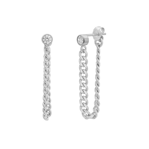 FE1942 925 Sterling Silver Bezel CZ Long Chain Stud Earrings