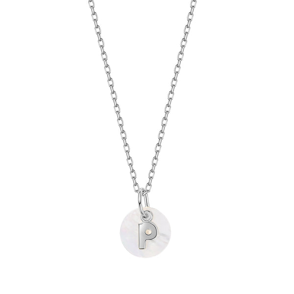FX0862 925 Sterling Silver Mother Of Pearl Disc Capital Letter P Choker Neclace