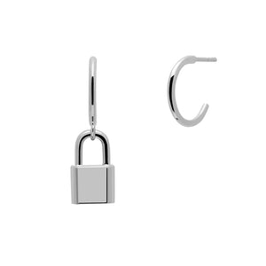 FE1404 925 Sterling Silver Lock Pendant Hoop Earrings